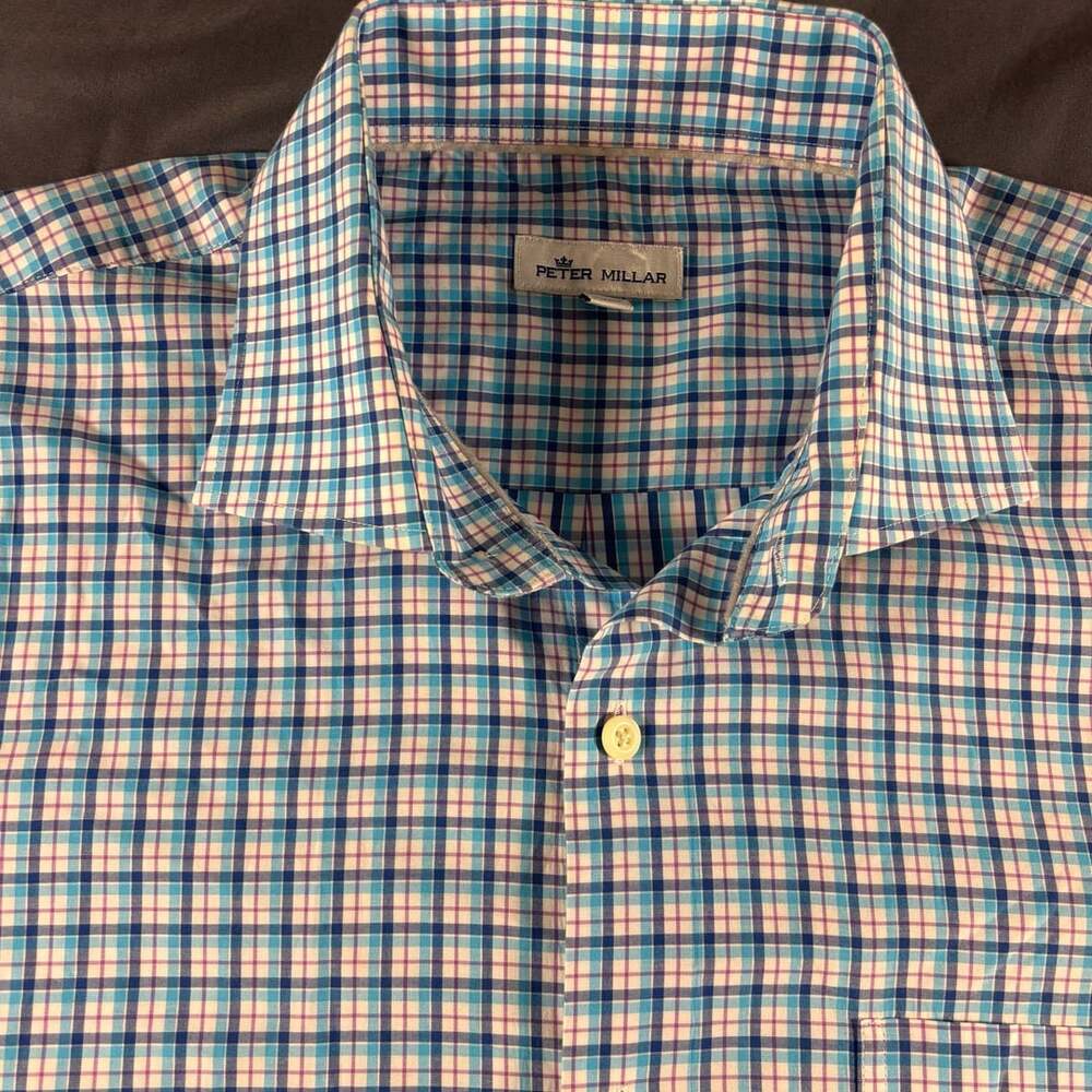 Peter Millar Plaid Sport Shirt Mens L, Blue Purple Cotton Button Down